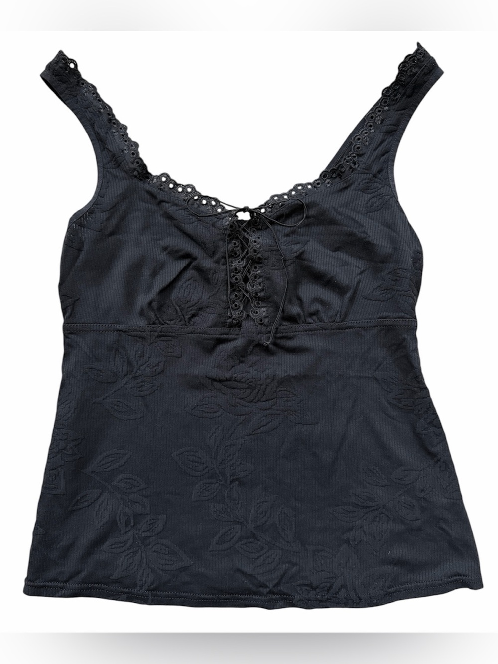 VTG 90's/Y2K Arianne Black Folra Texture Lace up Cami Top Gothic Boho Fairy Sz M